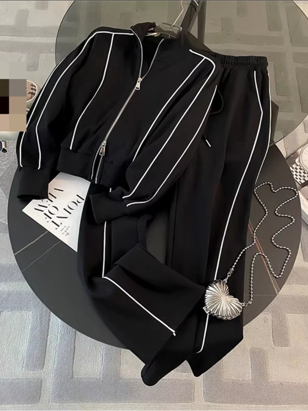 Women’s Black Track Pants & Jacket Set with White Piping